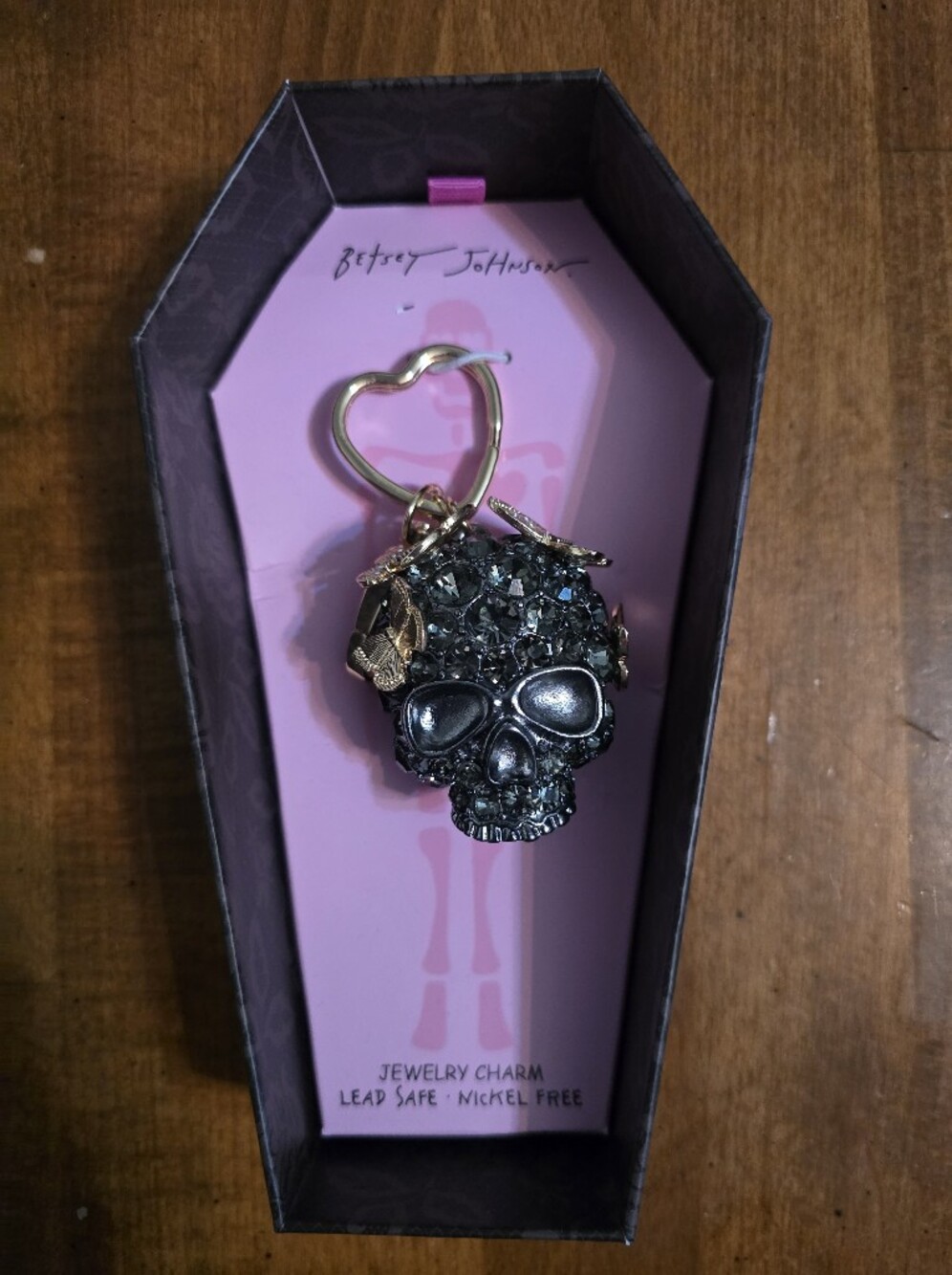 Betsey Johnson Black Crystal Skull Keyring with Gold Butterfly Accents